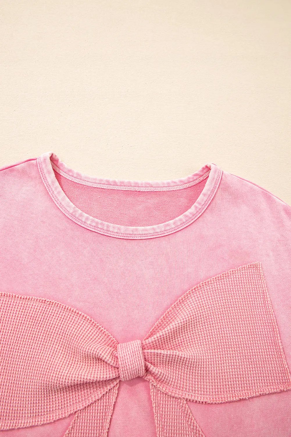 Premium Bright Pink Mineral Wash Big Bow Patchwork Pullover Sweatshirt Dear-Lover Dropshipping